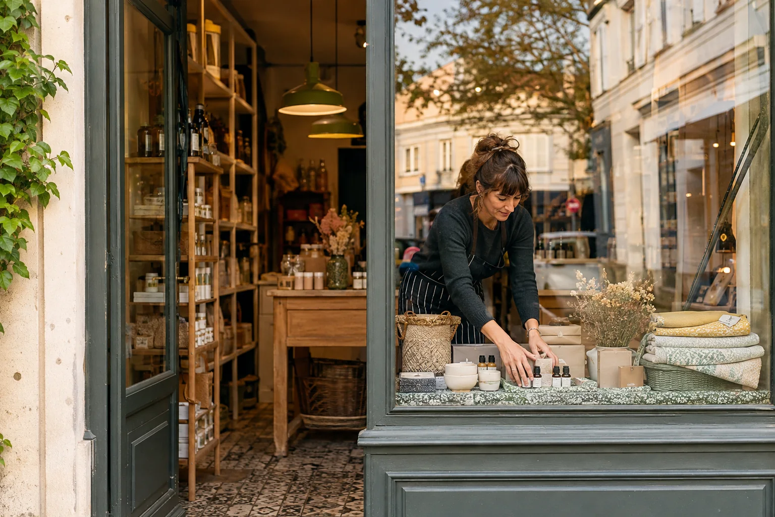 Commerçante installant des produits dans la vitrine de sa boutique de quartier
